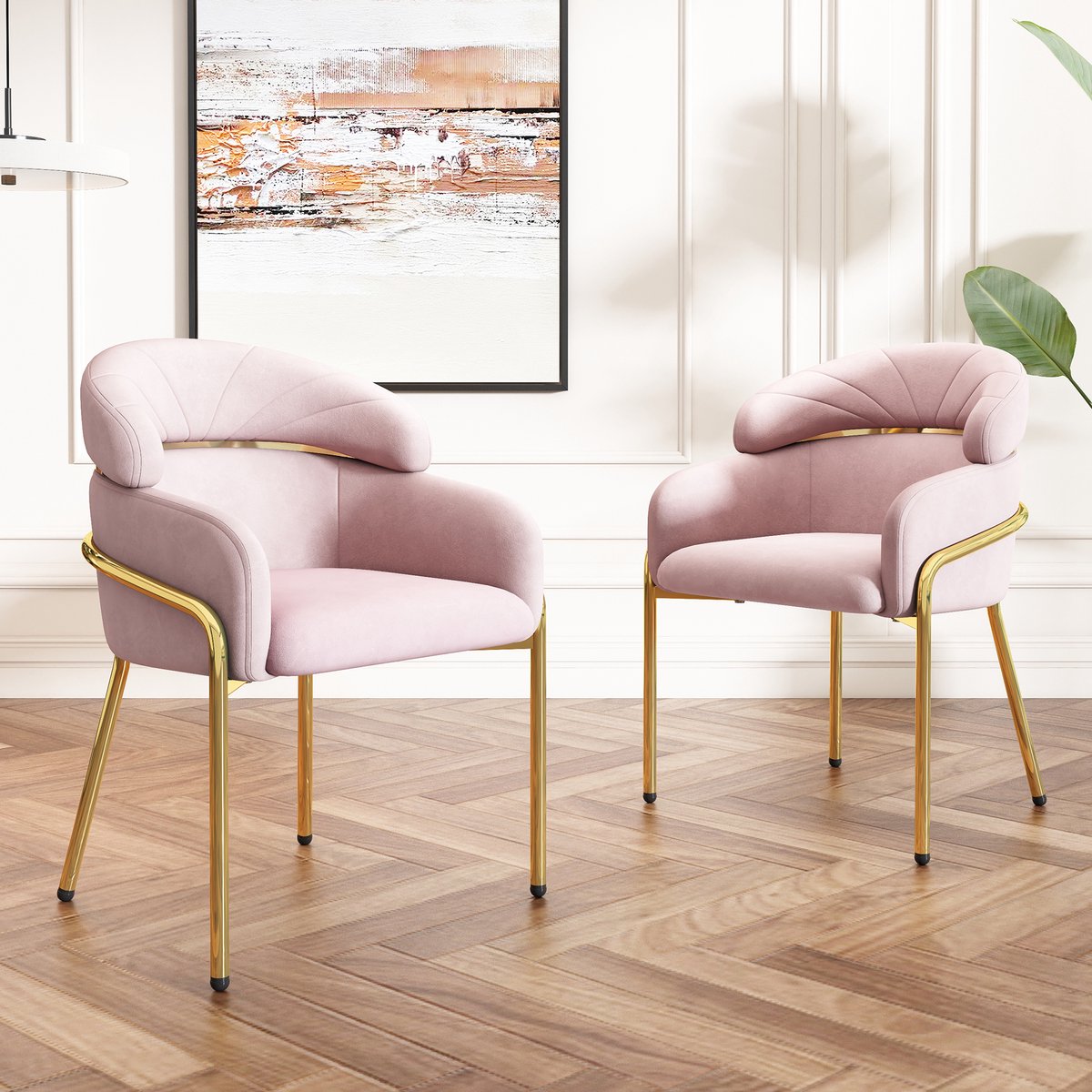 Eetkamerstoelen met armleuningen - Set Van 2 - Eettafelstoel - Keukenstoel - Eetkamerstoelen - Stoel - Eetkamerstoel, enkel, licht luxe, woonkamer, slaapkamer, vrijetijdsstoel, met 4 metalen poten, fluweel - Roze