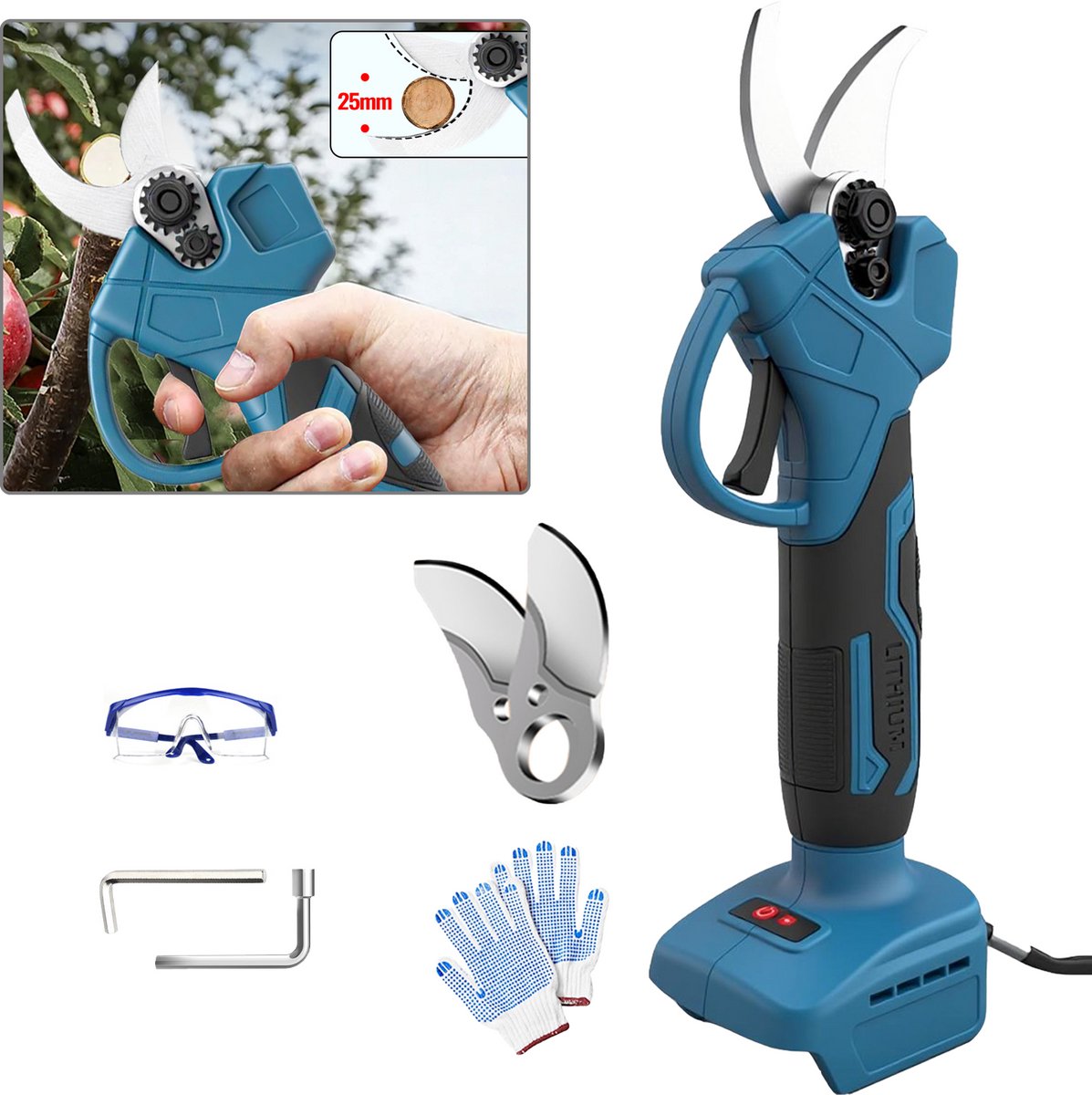 Elektrische Snoeischaar voor Tuin, 2 Verwisselbare Koolstofstalen Bladen, Max 25mm Takken Snijden, Ergonomische Accu Snoeigereedschap voor Fruitbomen en Struiken