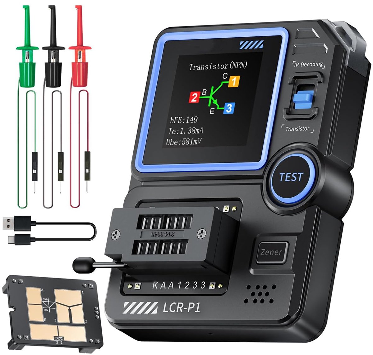 LCR-P1 Transistor Tester - Mosfet Transistor Capacitor Tester - SMD Tester for Electronic Components - Capacitor Resistor and Transistor Electronic Component Test - Diode, triode, ESR, NPN, PNP, MOSFET-tester, LCR-meter, Burn Protection