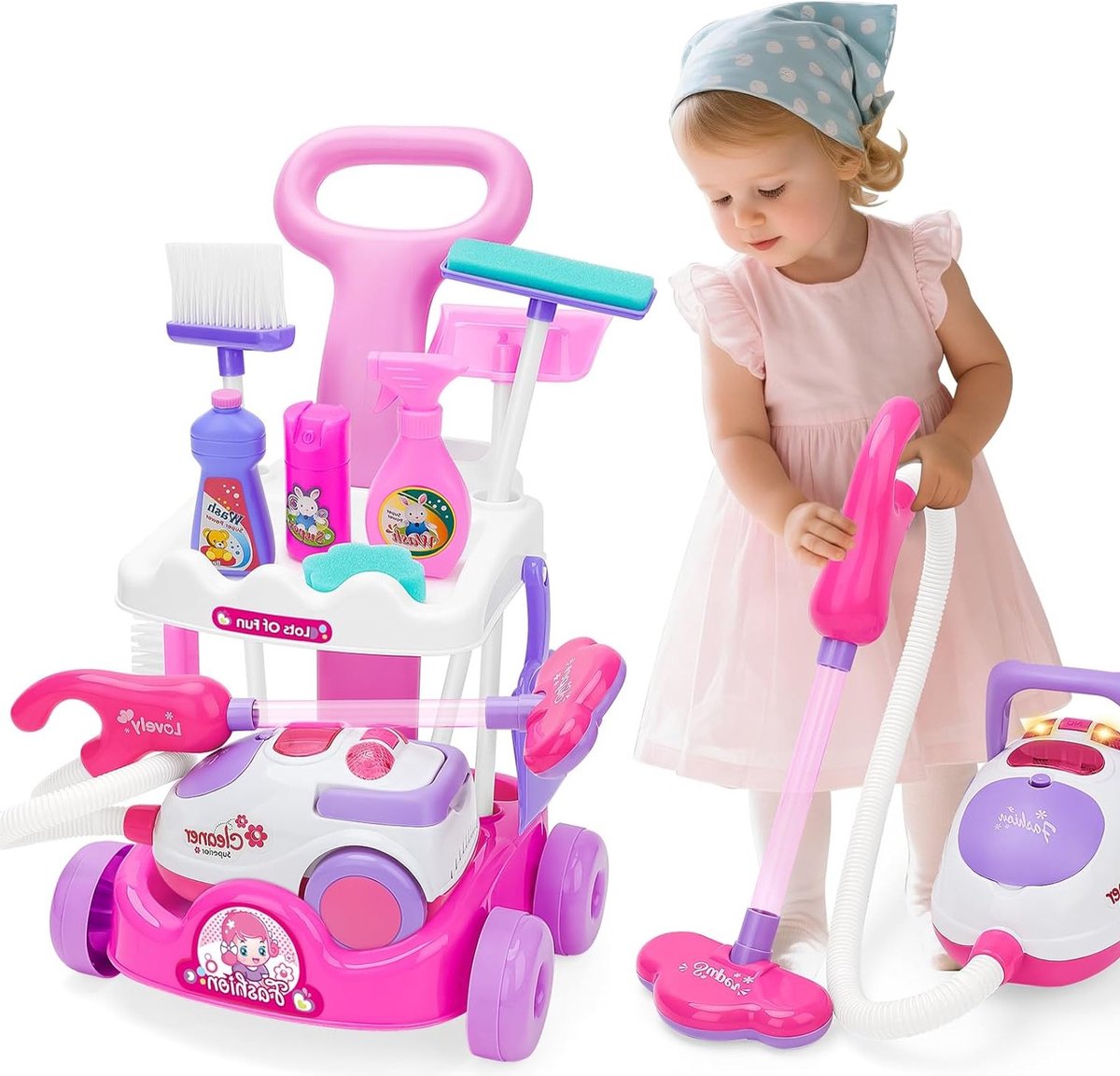 Speelgoed schoonmaakwagen met accessoires, stofzuiger met geluid en licht voor kinderen