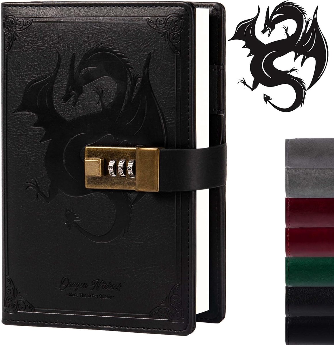 SnelShoppen - Dragon Leather Journal - Hardcover Notitieboek met Combinatielock - Herbruikbaar Dagboek met Lijn- en Blanco Papier - Zwart - Perfect vo
