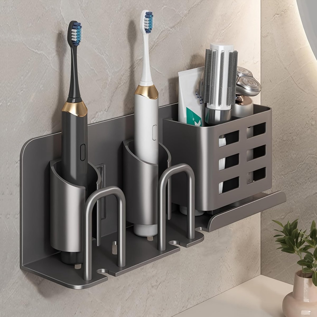 Electric Toothbrush Holder Wall Mounted, Rust-Proof Aluminum 2-Slot Organizer with Shelf - Minimalist Bathroom Storage for Small Spaces, Gray | Rust-proof aluminum, built-in shelf. No-drill mount. Holds 2 brushes. Perfect small bathroom storage