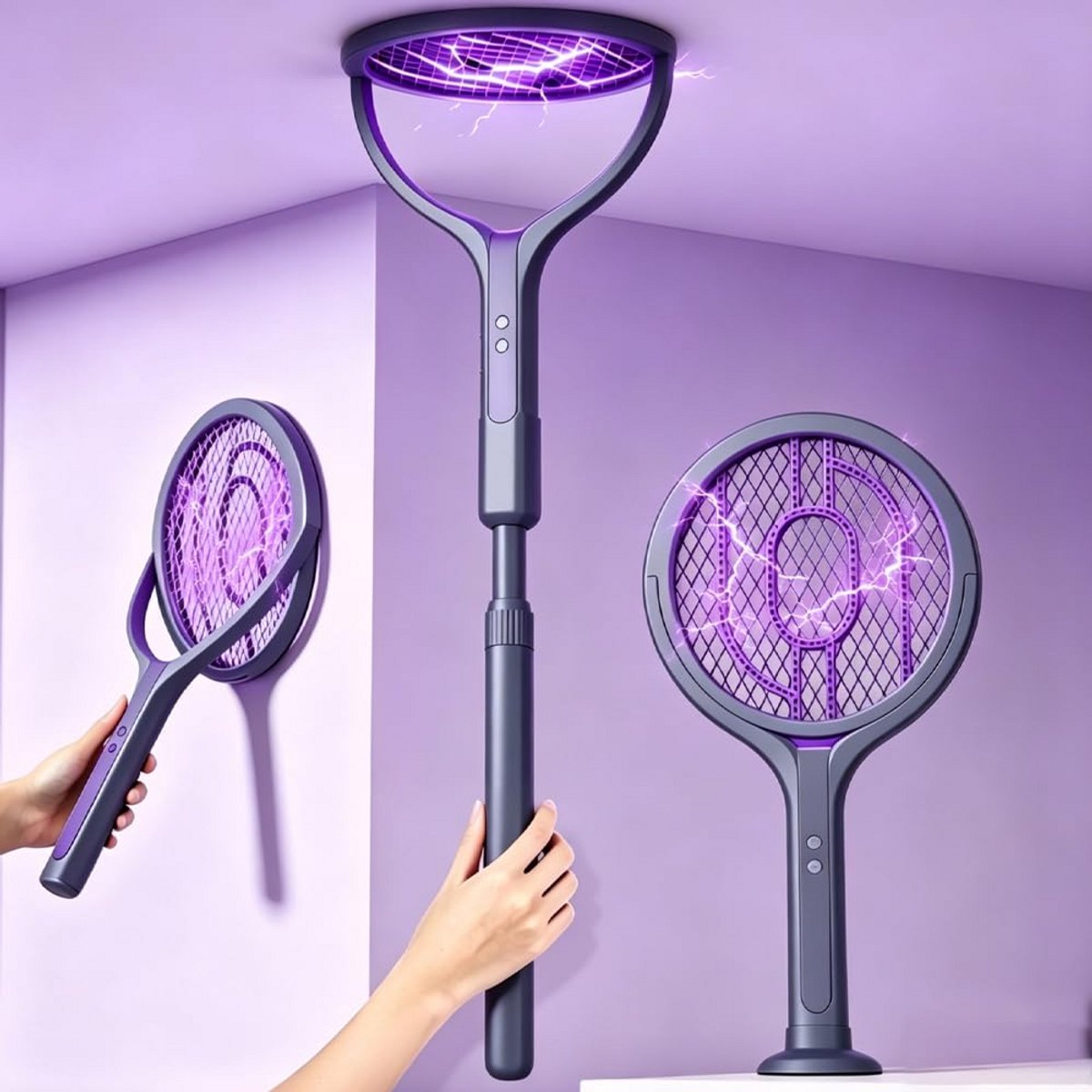Namajunas - Elektrische vliegenmepper met draaibare kop - Voor zowel binnen- als buitengebruik - 2-in-1 – Muggenlamp - Met telescopische verlengstang - UV Insectenlamp - Vliegenvanger - - Insectenlamp