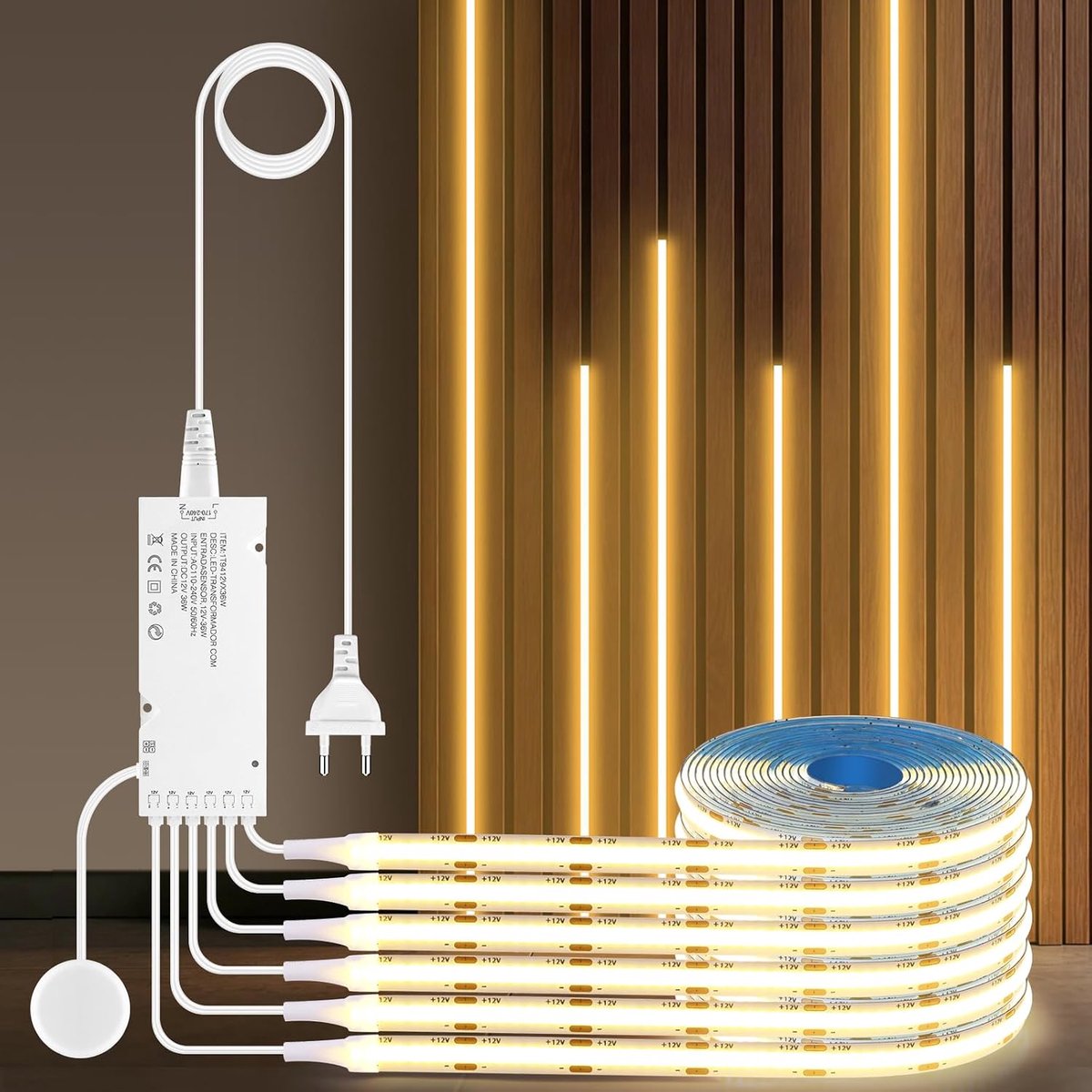 12V LED-lichtstrips – Set van zes warmwitte strips van 1 meter met handbewegingsdimmer; geschikt voor kasten, vitrines en keukenverlichting (warmwit, 1 meter)