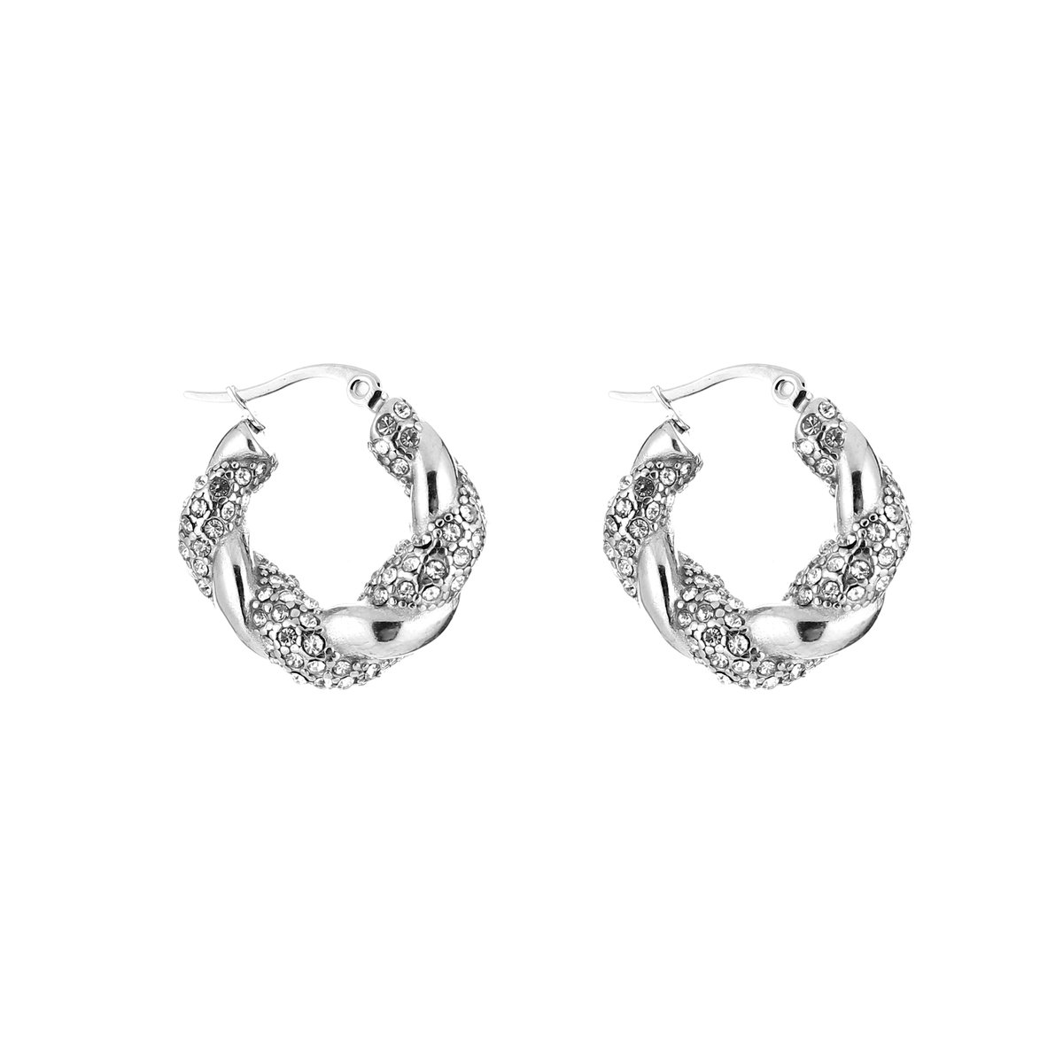 Stainless Steel Gedraaide Oorringen met Strass – Schitterende & Elegante Oorringen - RVS - Zilver