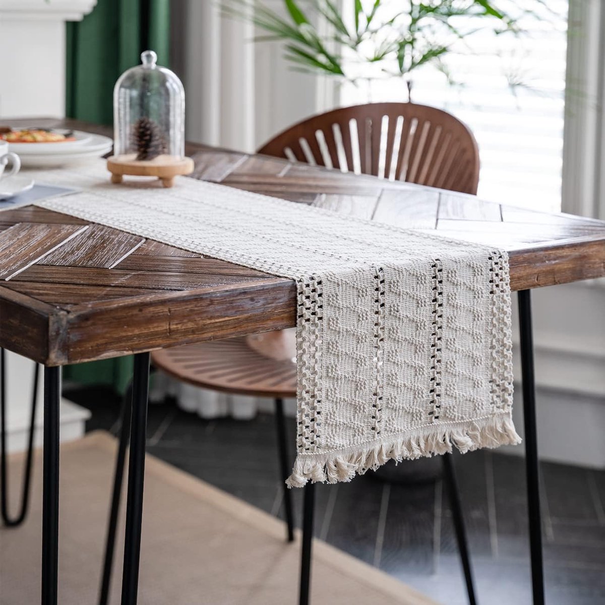 SnelShoppen - Beige Macrame Tafelkleed 30x275 cm - Boho Katoen en Vlas met Kwastjes - Vintage Farmhouse Tafel Runner voor Keuken, Feest, Bruiloft en D