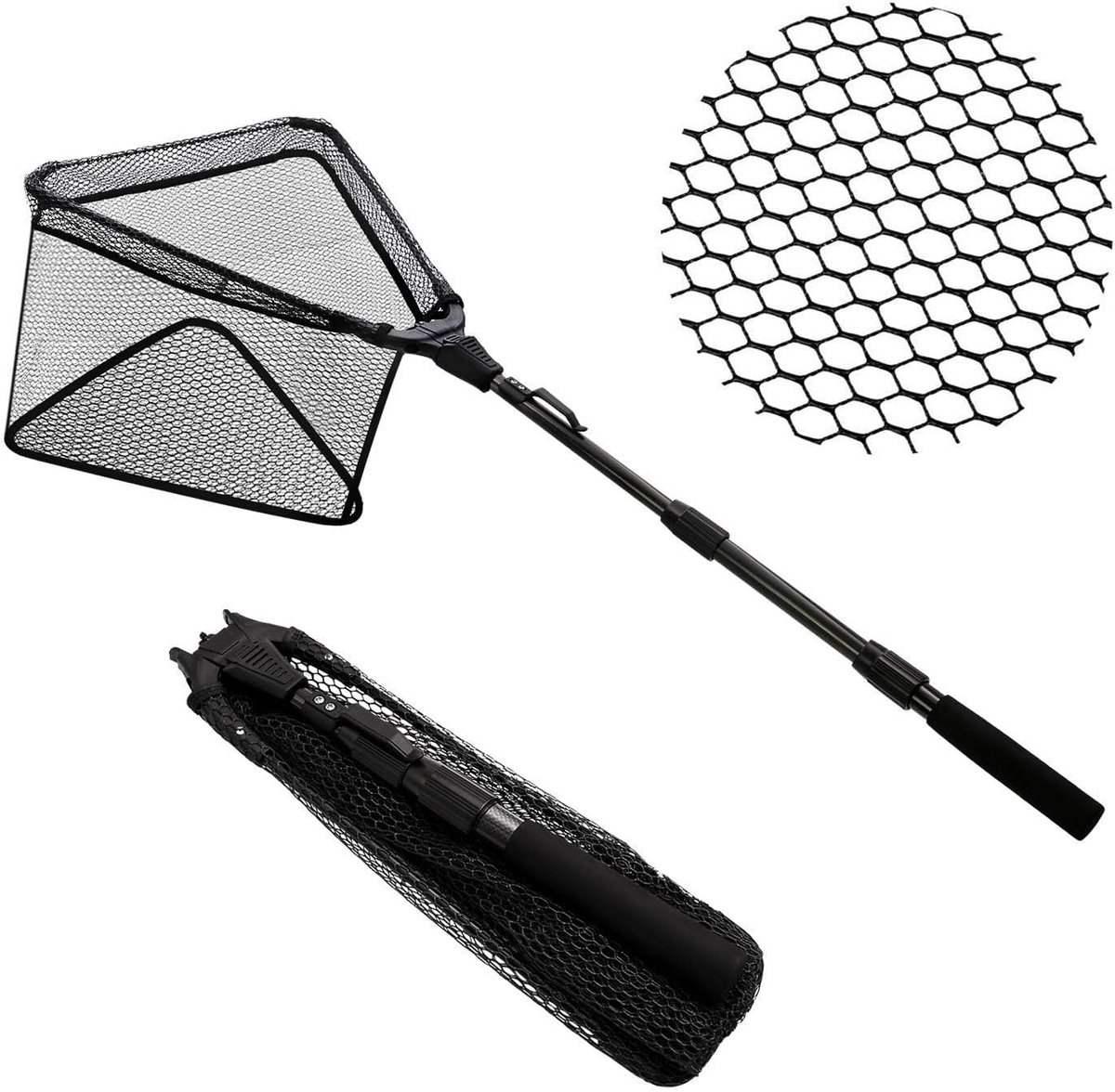 SnelShoppen - Vouwbaar Landing Net voor Vissen - Duurzaam Nylon Net met Rubberen Coating - Driehoekig Net met Antislip Handgreep - Ideaal voor Karper,