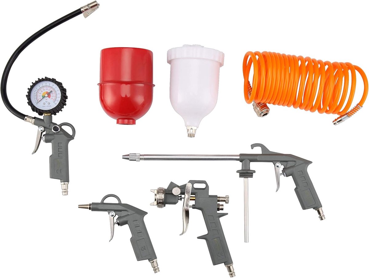 SnelShoppen - 5-delig Compressed Air Accessoire Set voor Compressor - Spuitpistool met Flow Cup, Bandenpomp met Drukmeter, Paraffinspraypistool, Blaze