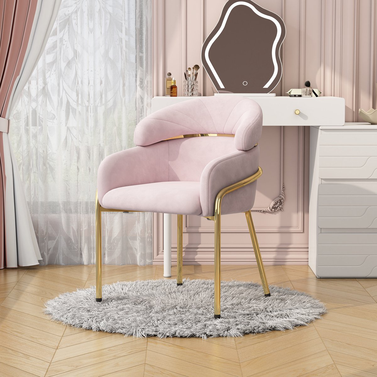 Eetkamerstoelen - Fluweel - Eettafelstoel - Stoel - Eetkamerstoel, enkel, licht luxe, woonkamer, slaapkamer, vrijetijdsstoel, met 4 metalen poten - Roze