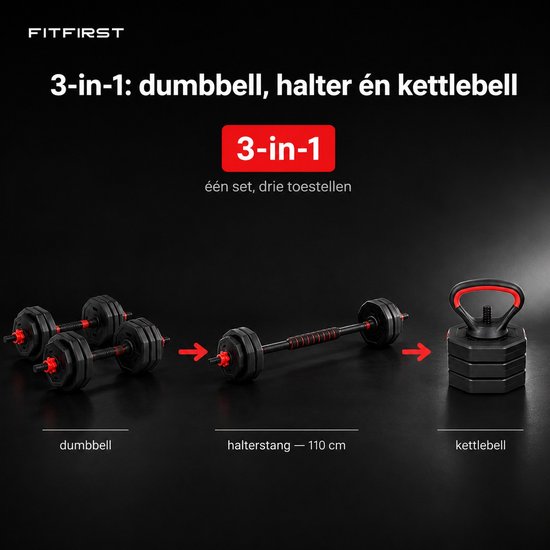 Set van 3-in-1: halter, halterstang van 110 cm en kettlebell, 40 kg.