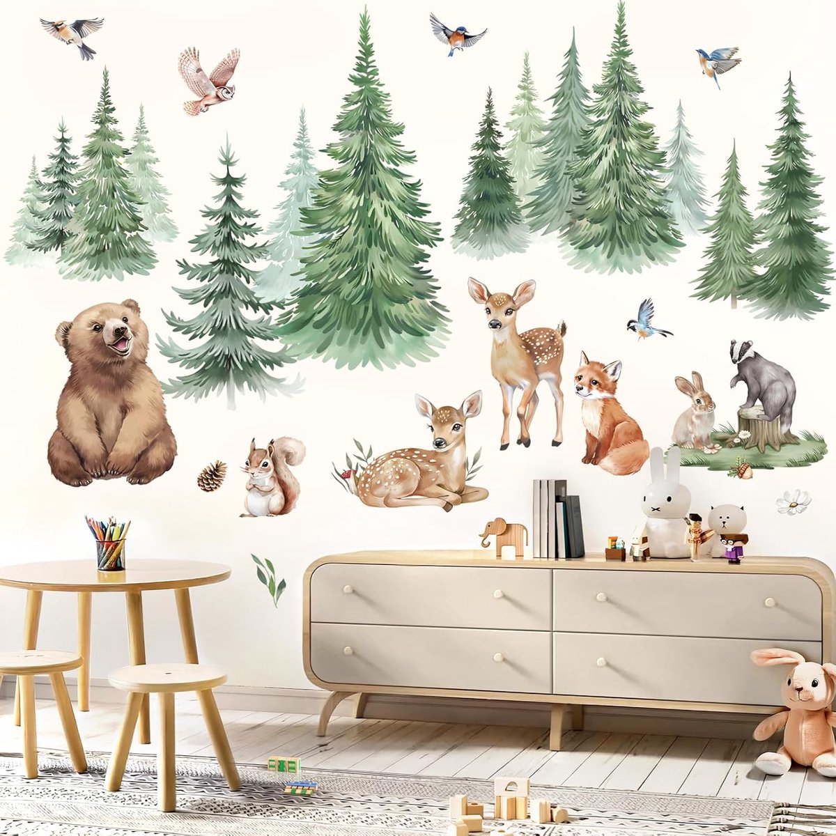 SnelShoppen - Grote Houten Boom Dieren Wandstickers - Wanddecoratie Beren, Herten, Vossen - Zelfklevende PVC Muurstickers voor Babykamer, Kinderkamer,