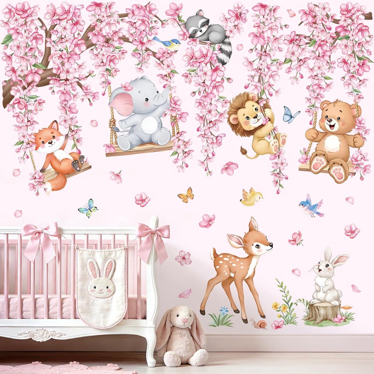 SnelShoppen - Wandstickers Safari Dieren op Schommels - Peell & Stick Muurdecoratie voor Babykamer, Kinderen, Meisjeskamer - Veilig PVC, Waterdicht, D