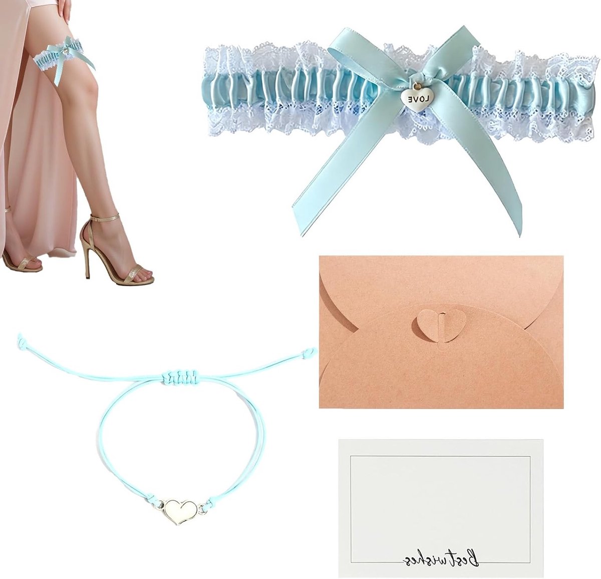 Elegante kousenband set met blauwe armband en briefpapier, kanten wedding garter met lint en hart hanger, perfect als something blue accessoire voor bruiloft, verloving en vrijgezellenfeest