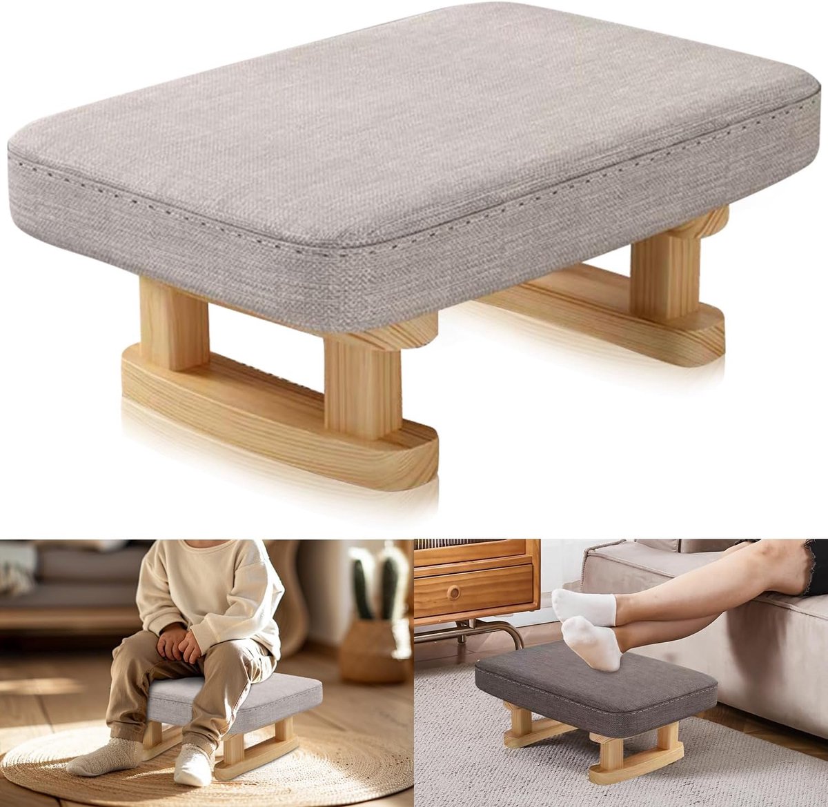 SnelShoppen - Hoge voetensteun Grijs met Vaste Houten Poten - Comfortabele Voetenbank met Verwijderbare Mat - Ideaal voor Buiten, Slaapkamer, Tuin - L