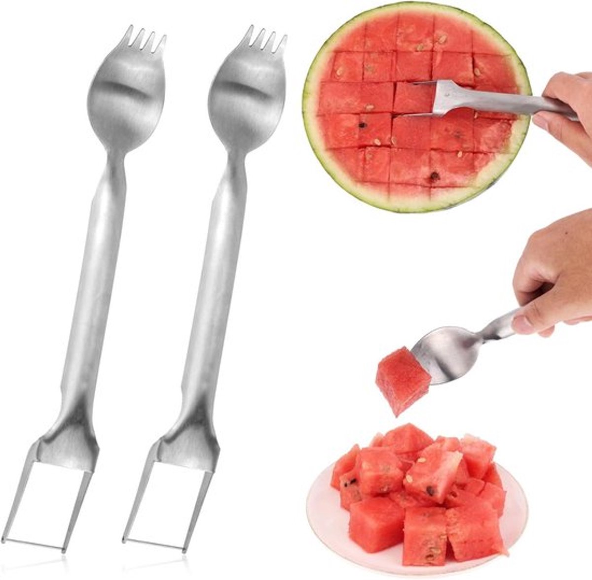 2-in-1 Watermeloen Snijder en Vork Set voor Familiebijeenkomst en Picknick - Roestvrij Staal Multifunctioneel Keukengerei