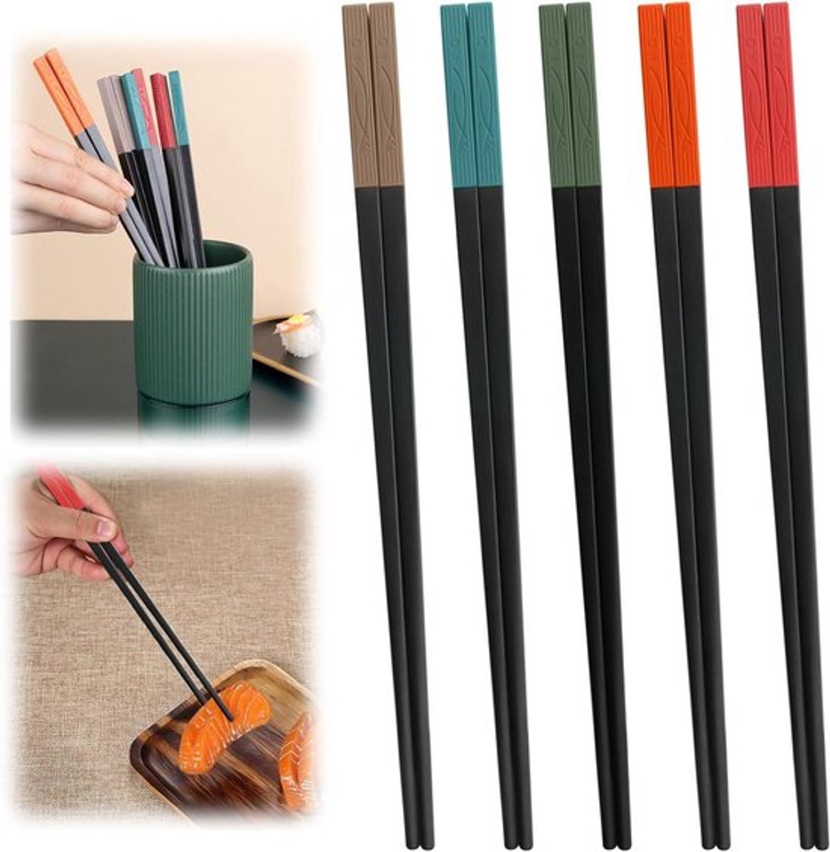Set van 5 paar eetstokjes van glasvezel en legering, herbruikbare chopsticks, 24 cm, gepersonaliseerd voor visliefhebbers - familieset.