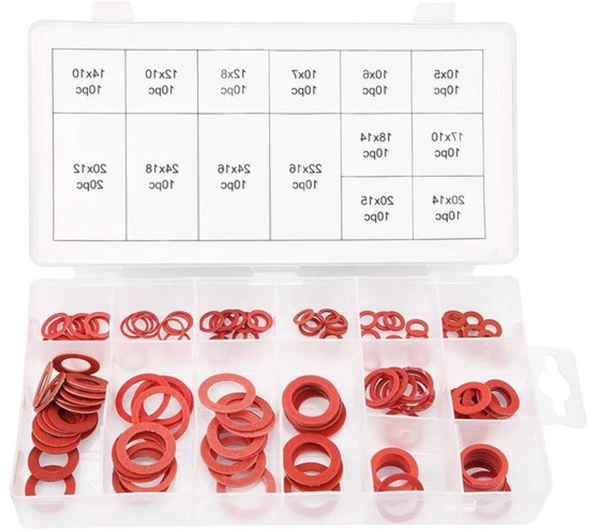Set van 150 platte ringen in 14 maten - Rode stalen papiervezel isolatie ringen set met opbergdoos - Assortiment platte ringen