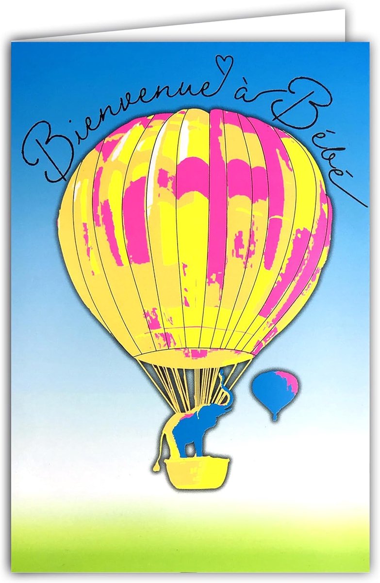 SnelShoppen - 69-8135 FLUO kaart voor felicitatie, welkom baby jongens meisjes, luchtballon, olifant, met envelop, 12 x 17.5 cm, wit binnenzijde, fluo