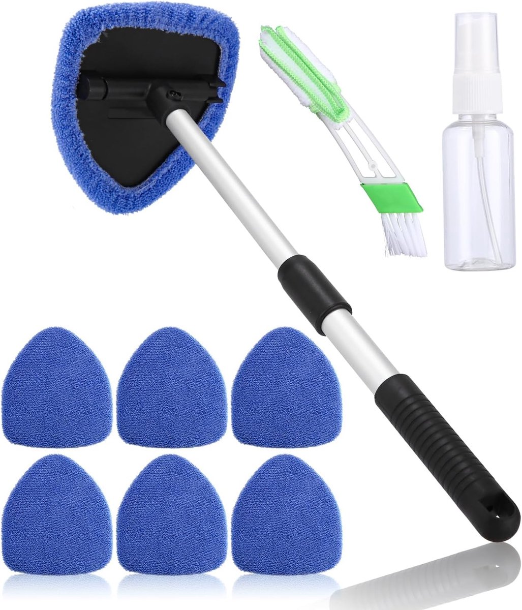 SnelShoppen - Car Window Cleaner Set met 6 Microvezel Pads en Sprayflessen, Telescopische Raamreiniger, 180° Draaibare Ruitveger, Ideaal voor Auto Int