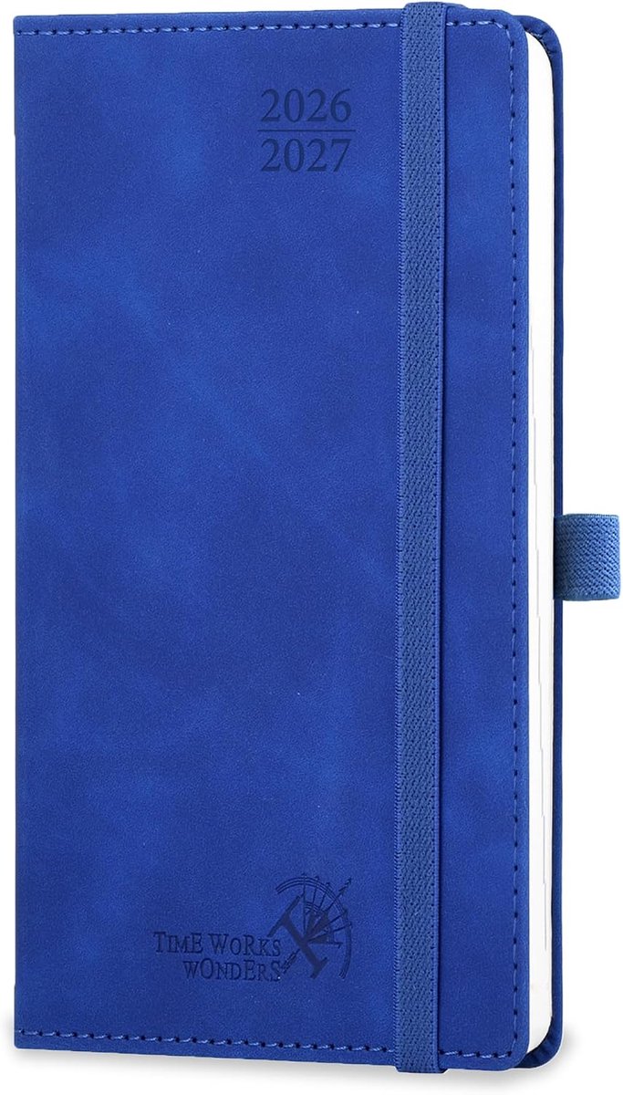 SnelShoppen - Pocket Agenda 2026 2027 - Week Planner 16.5 x 9 cm - Denim PU Leer - 17 Maanden - Royal Blue - Ideaal voor School en Werk