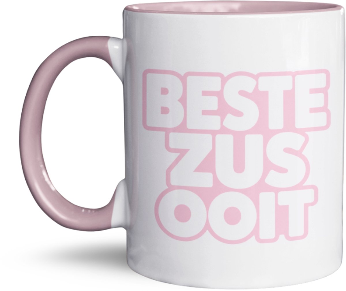 NietMokken.nl - Grappige Mok – Beste Zus Ooit – Roze Mok met Viltje – Cadeau voor Zus – Aan beide zijden bedrukt - Zuster beker