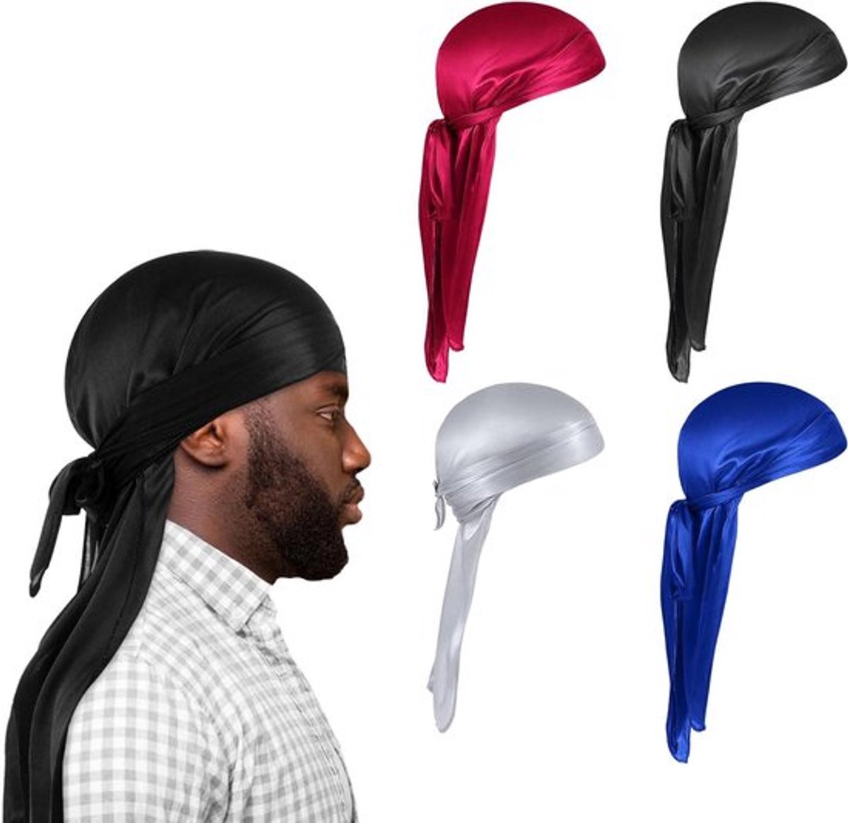 Set van 4 Zijden Durags voor Heren - Zijden Doek Piraten Hoofddoek - Ademende Hiphop Accessoires - Zwart