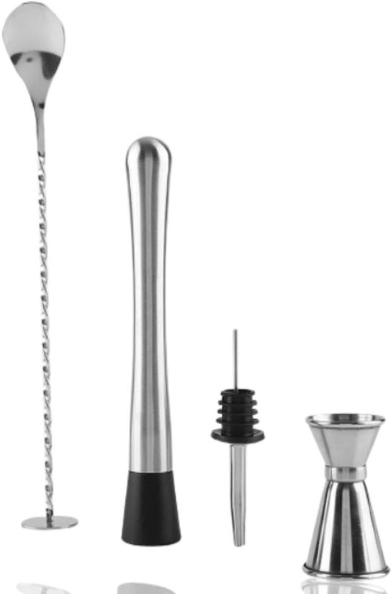 Cocktail Set met 4 Stuks: Muddler, Mixlepel, Jigger en Barlepel van RVS voor Bartenders
