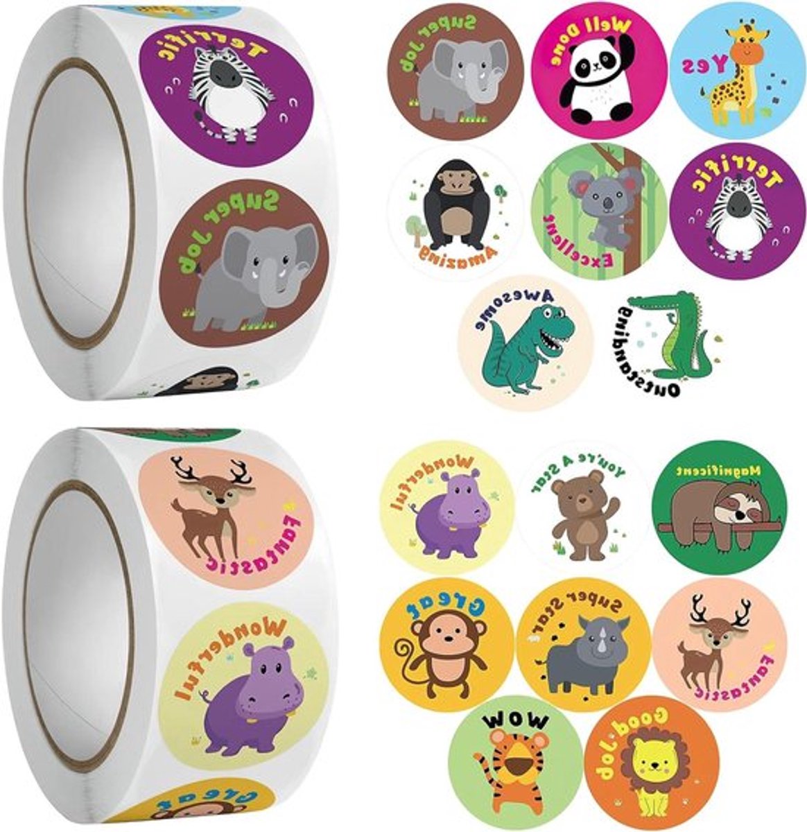 Motivatiestickers: 1000 zelfklevende dierenbeloningsstickers voor kinderen - 16 patronen - leraren - beloningsbord - lof - basisschool - beloningsstickers.