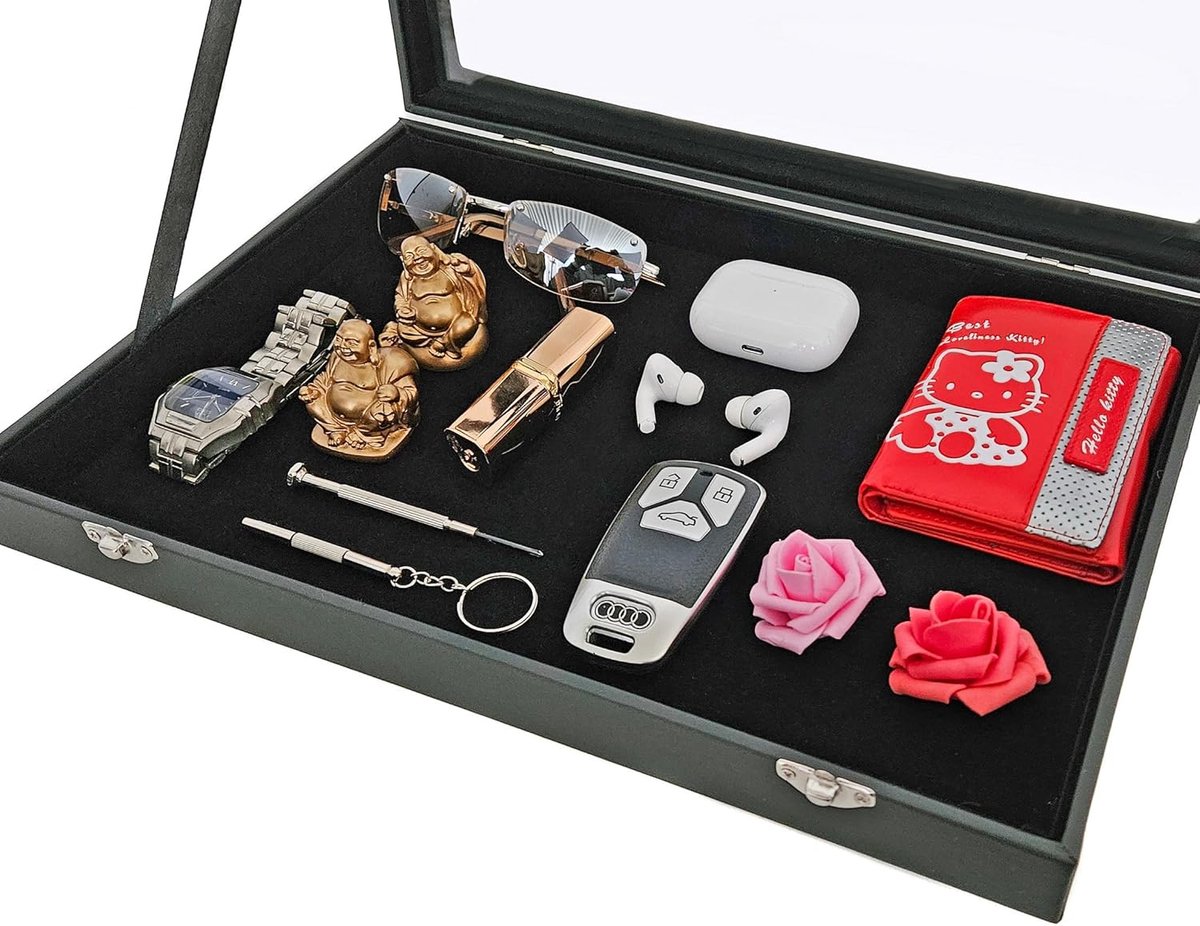 SnelShoppen - Multifunctionele Sieradenbox met Glazen Deksel, Zwart, 35x24x4.2 cm, Lederen Voering, Ideaal voor Presentatie en Bescherming