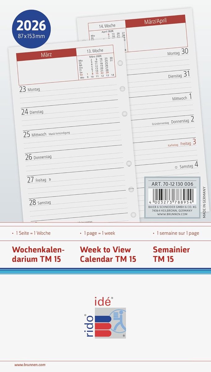 SnelShoppen - Week-reserve kalender Mod. TM 15 2026 | 87x153 mm | Binder Kalender Inlay | 112 Pagina's | Zwart/Bordeaux | 6-voudig Perforatie