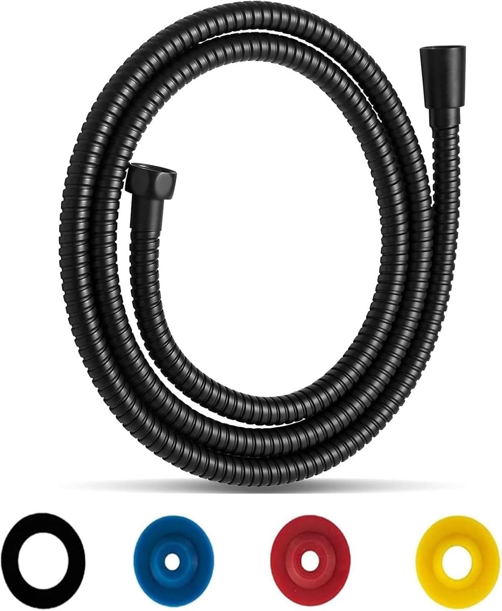 SnelShoppen - Douche slang 2 m RVS zwart, flexibele universele douchekop slang met draairaad bescherming, waterbesparende doorstromer 1/2 inch aanslui