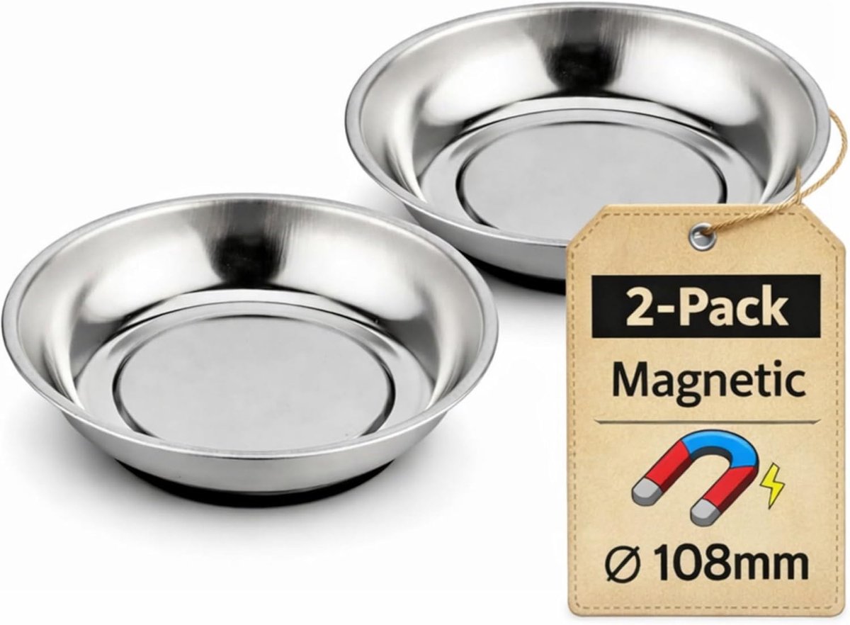 SnelShoppen - Set van 2 Magnetische Schalen 100 mm - RVS met Rubber Basis voor Organiseren van Schroeven en Kleine Onderdelen - Ideaal voor Werkplaats