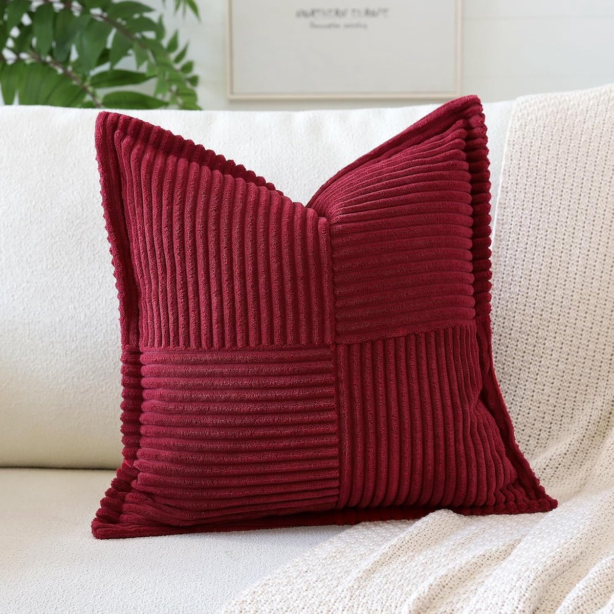 SnelShoppen - Boho Corduroy Kussenhoezen 50x50cm - Super Zacht Decoratief Kussen - Gestreepte Textuur in Wijnrood - Perfect voor Bank, Bed en Woonkame