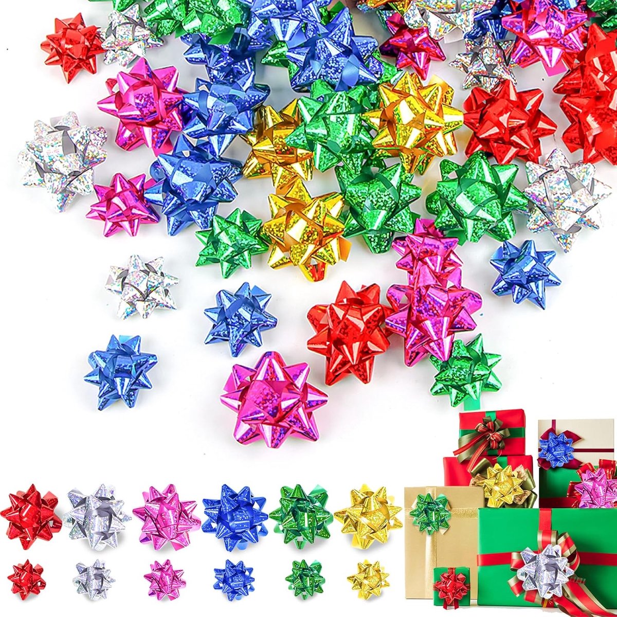 SnelShoppen - Pack van 100 Kerstboom Strikken voor Cadeauverpakking, Feestelijke Gift Bows in 2 Maten en 6 Kleuren voor Kerstpartijen en Verjaardagen
