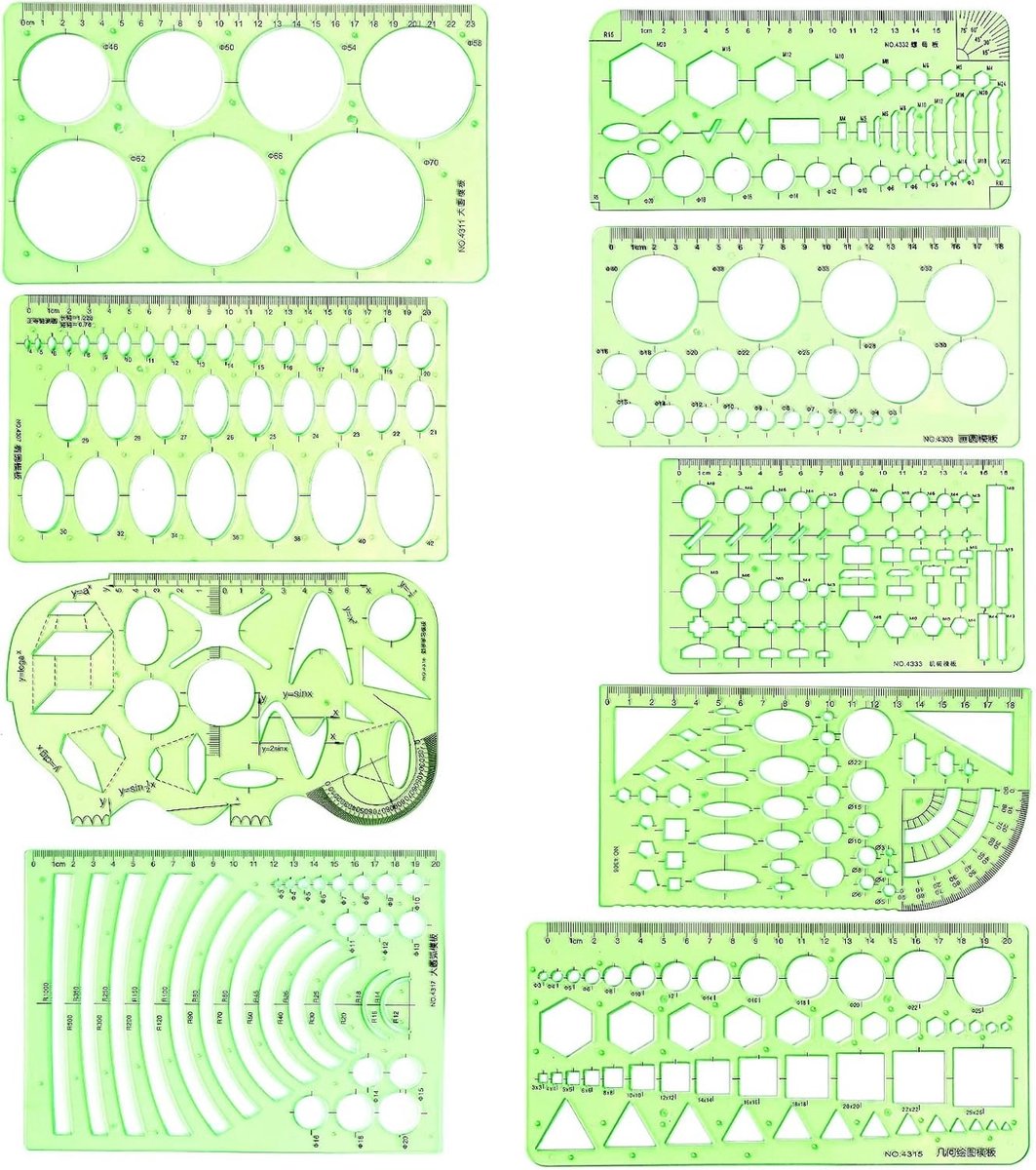 SnelShoppen - Set van 9 Plastic Geometrische Teken Templates en Vormen met Metrische Schaal, Cirkel/Ellips/Polygoon Tekenhulpmiddelen en Meetlat