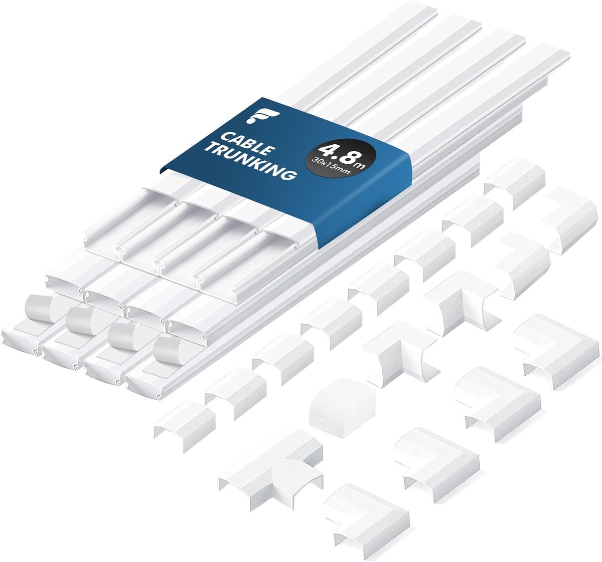 SnelShoppen - 4.8m Kabelgoot voor Elektrische Kabels, Zelfklevende Kabelafdekking, Wit, 30mm x 15mm, Inclusief 18 Accessoires voor Muur en TV