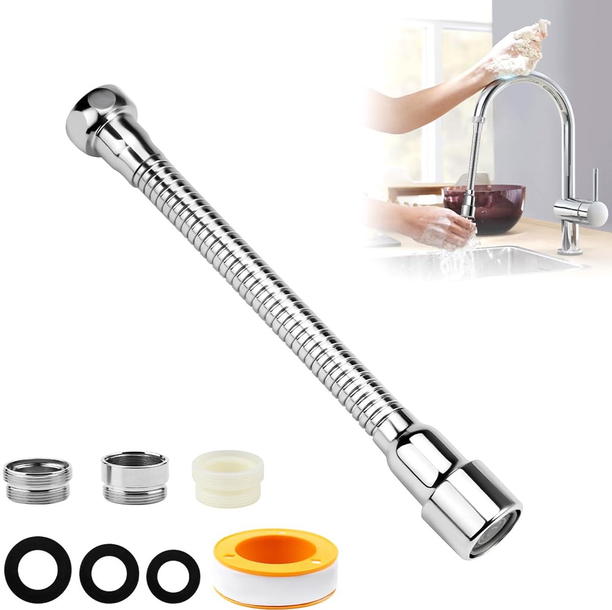 SnelShoppen - 360° Rotating Faucet Extension Spray Head - Keuken Kraan Verlengstuk met 2 Adapter - Roestvrij Staal - 30cm - Waterbesparend - Voor Keuk