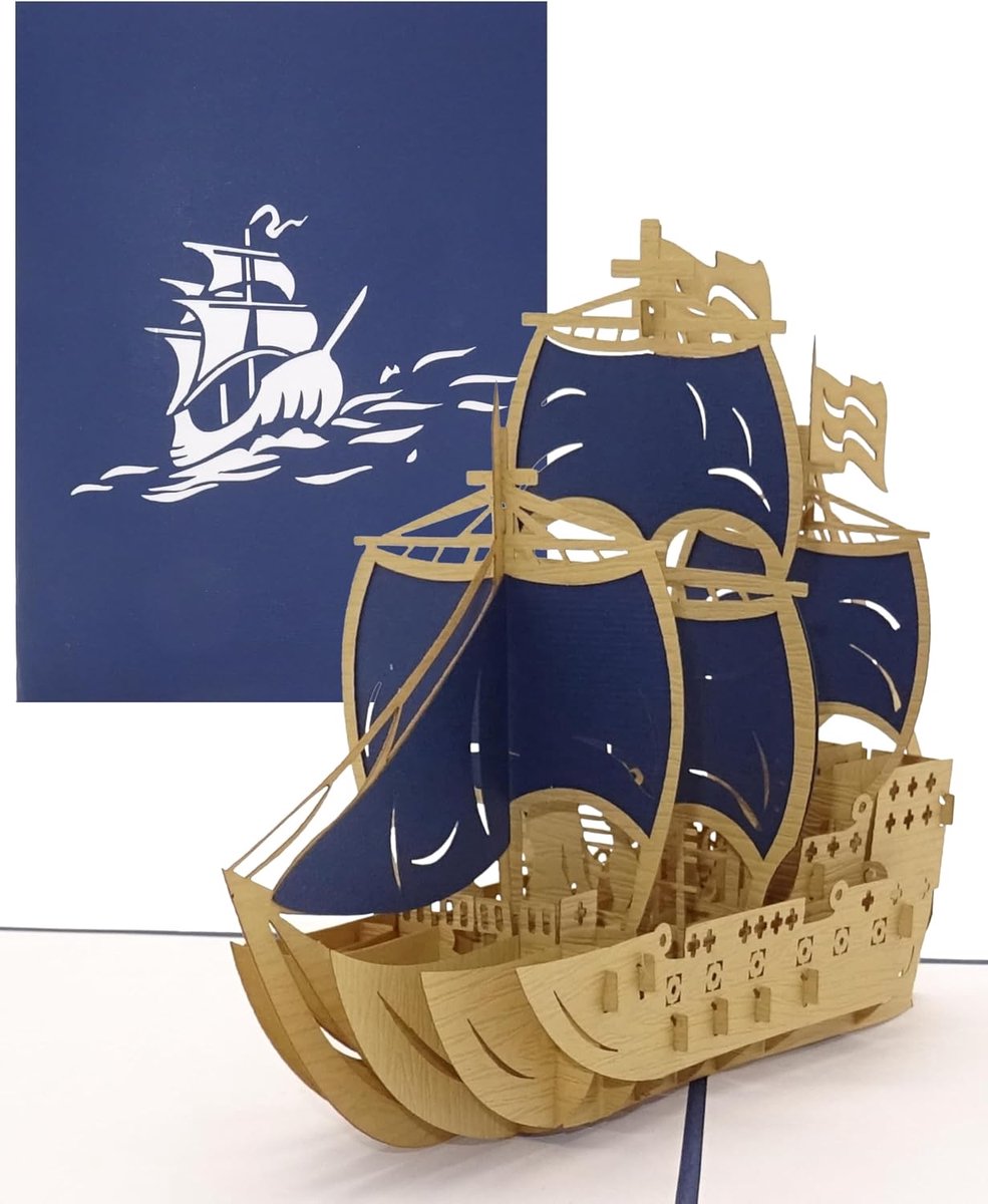 SnelShoppen - Pop-up Kaart 3D Schip | 3-Master Blauwe Boot, Verjaardagskaart, Reisvoucher, Maritieme Groet, Originele Souvenir, Feestdagen