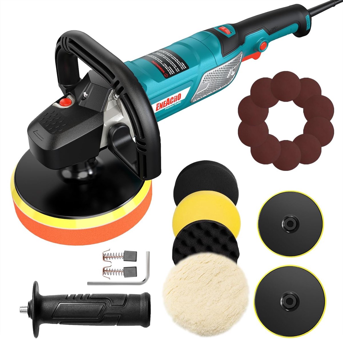 SnelShoppen - Polijstmachine 1500 W met 6 snelheden, D-greep en zijgreep, 150/180 mm polijstschijf en polijstspons/schuurpapier voor auto en glas