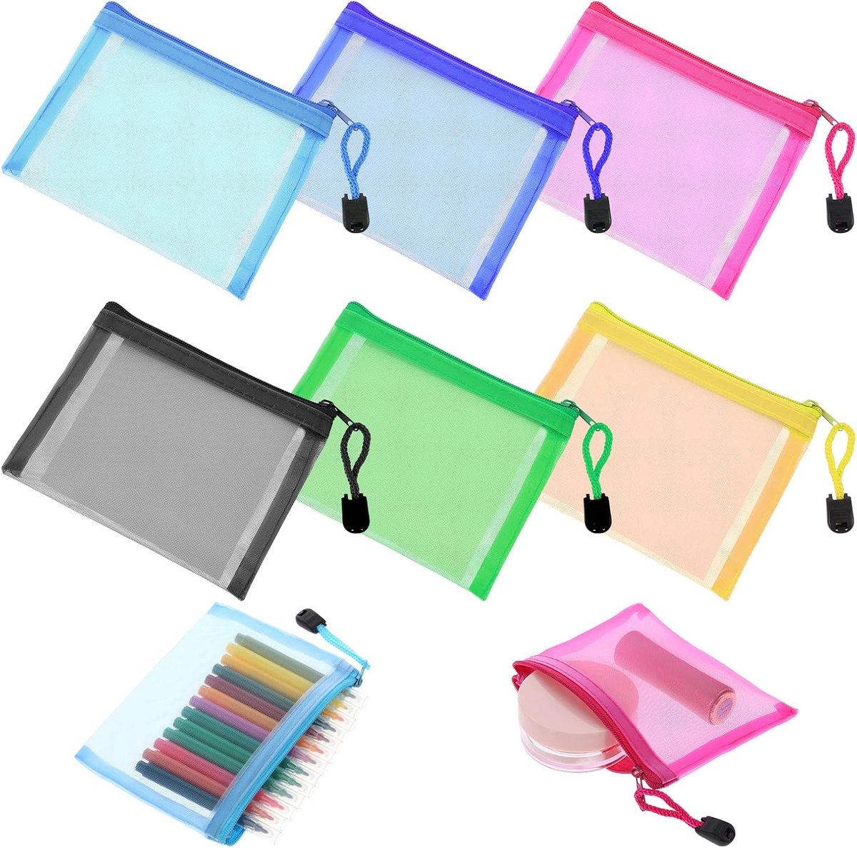 SnelShoppen - Thinp Pack van 6 Mini Mesh Pockets met Rits, Cosmetica Tas, Kleine Mesh Tas, Munt Portemonnee, Perfect voor Sleutels, Make-up en Oortjes