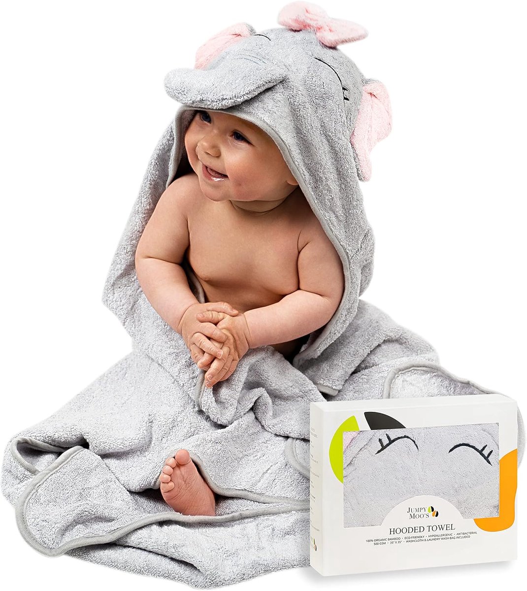 SnelShoppen - Baby Handdoek met Kap 100% Bamboe - Hoog Absorberend, Zacht en Delicaat - Inclusief Washandje en Waszak - Perfect Kraamcadeau voor Baby'