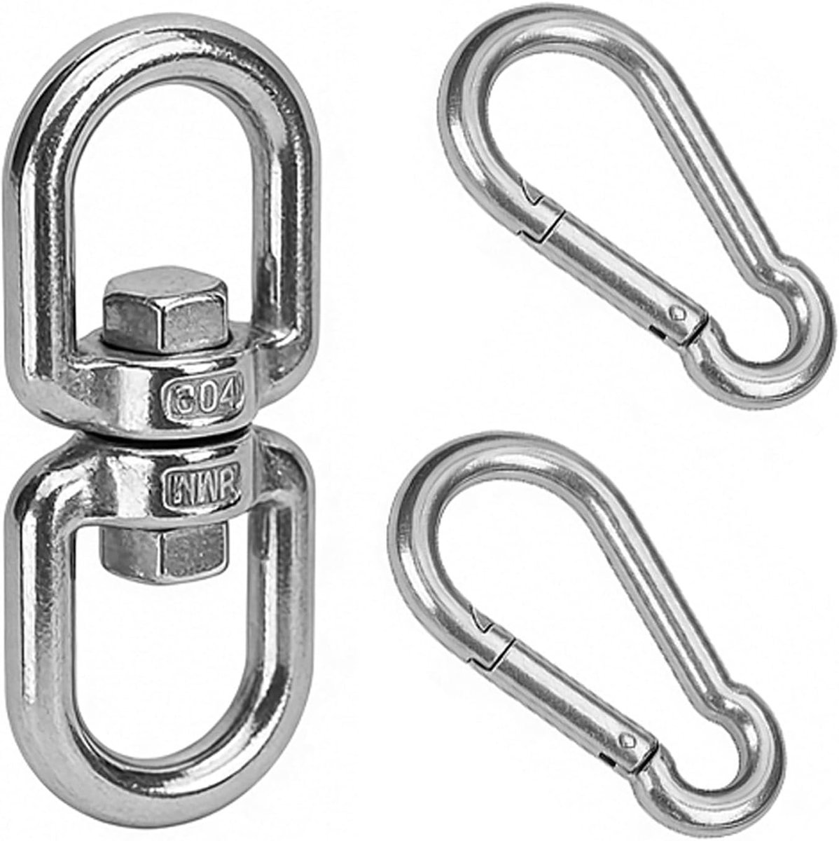 SnelShoppen - Rvs draaibare haak met dubbele eindhaak en 2 karabiners voor schommel, hangstoel, bokszak, schommel, Aerial Silks - 400 kg belastbaar