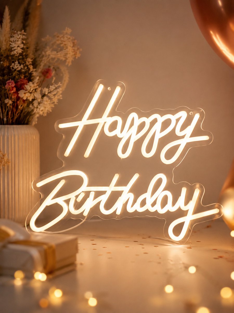 ZoeZo Neon Lamp Happy Birthday 41 x 31 cm - Sfeerverlichting - Feestverlichting - Decoratie - Wandlamp - Party verlichting - Dimbaar met USB