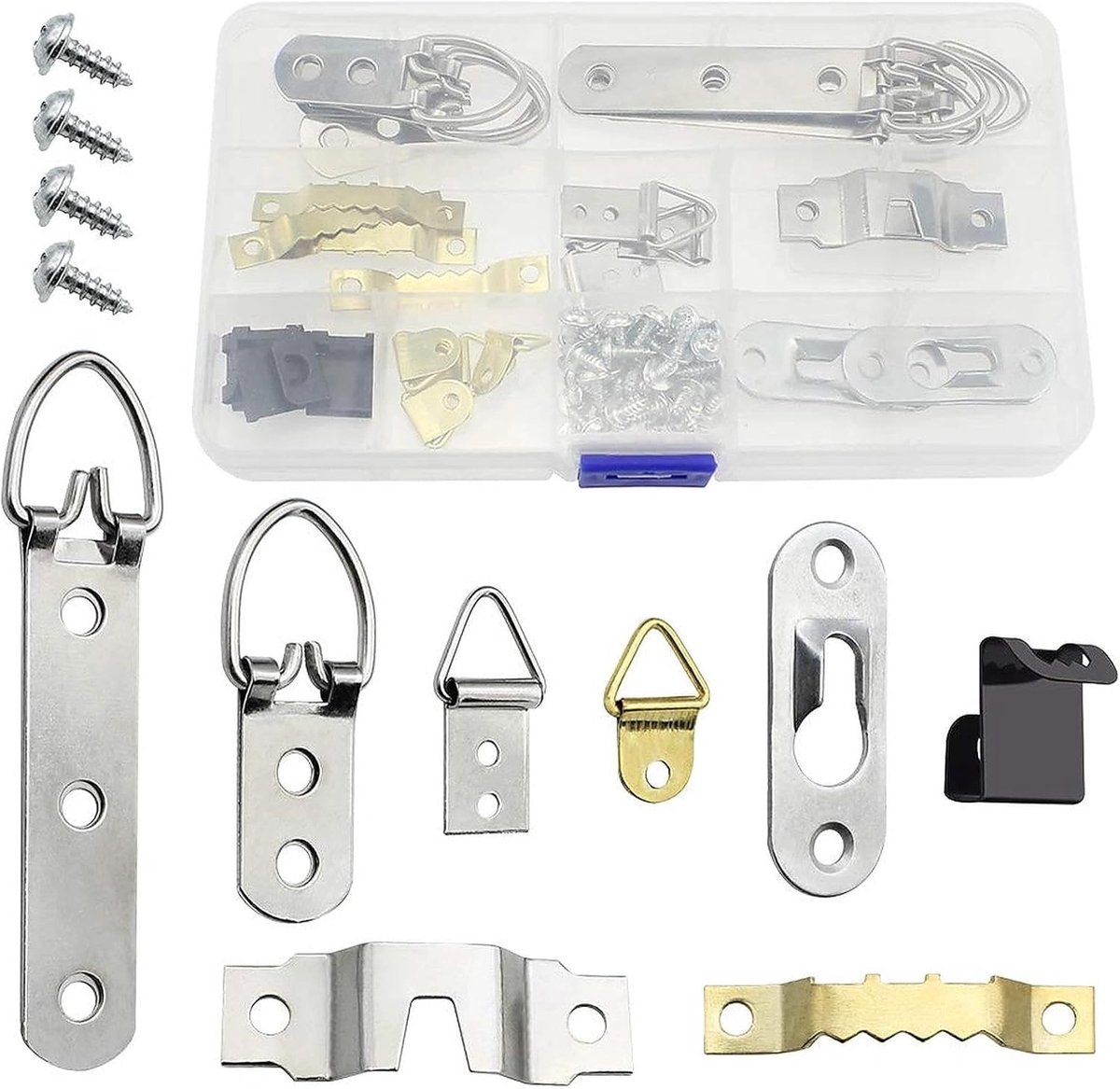 SnelShoppen - Picture Frame Hanging Set 92 Stuks - Foto Haken, 8 Types, Metaal, Zaagtanden, Inclusief Schroeven voor Thuis, Kantoor, Woonkamer, Slaapk