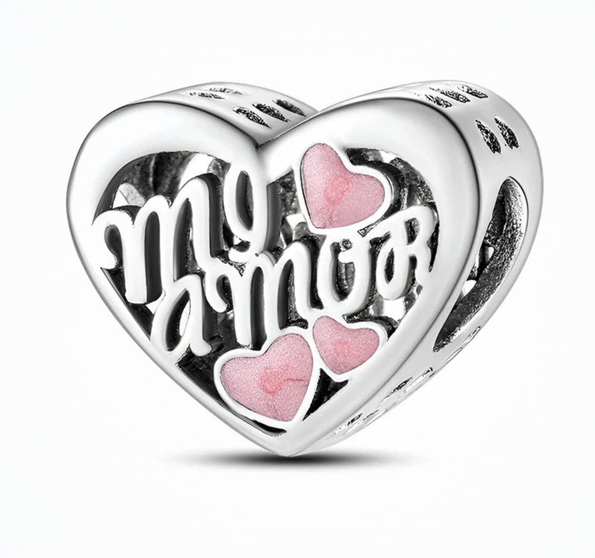 Fler® | Bedel | Past op populaire bedelarmbanden (standaard - 3mm) | Mi Amor Hart Bedel | Hangbedel Charm | 925 sterling zilver | Roze emaille | Valentijnsdag Cadeau | Sinterklaas kado | Kerstcadeau | Verjaardagsgeschenk | Vriendschap