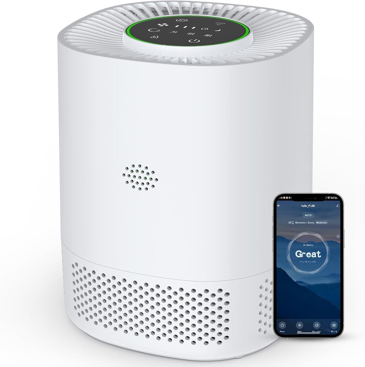 SnelShoppen - Slimme Luchtzuiveraar met Mobiele App, Touchscreen, Wit, 360 Graden Ventilatie, Multilayer Filtratie, Ideaal voor Thuis, Kantoor, Allerg
