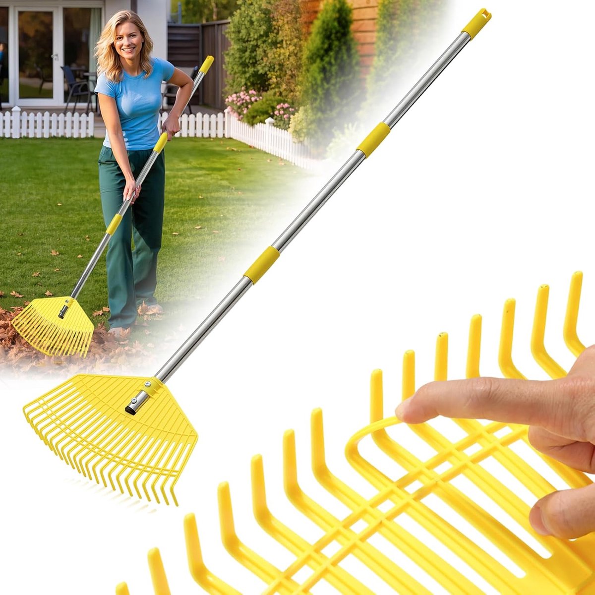 SnelShoppen - Tuinbladhark voor Bladeren - 42 cm Nylon Plastic Kop, Verstelbaar Lichtgewicht Handvat 201,5 cm voor Vrouwen, Senioren en Kinderen - 23