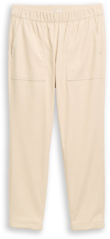 Beige corduroy broek met zijzakken, rechte pijpen en elastische tailleband.