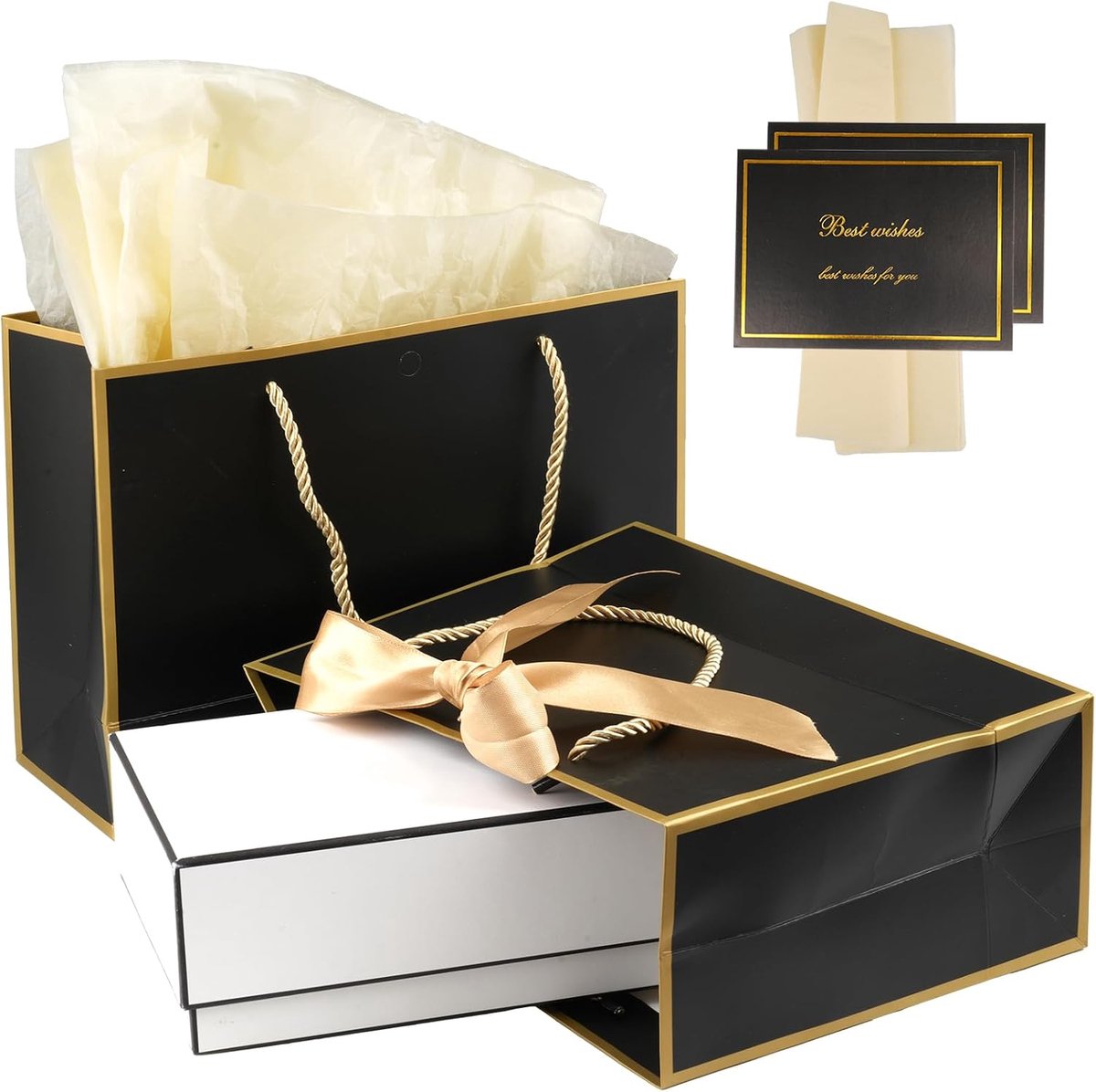 SnelShoppen - Set van 2 Cadeautassen met Handvat, Papieren Tas met Wenskaarten en Tissuepapier, Zwarte Cadeautassen met Gouden Rand, Geschikt voor Ver