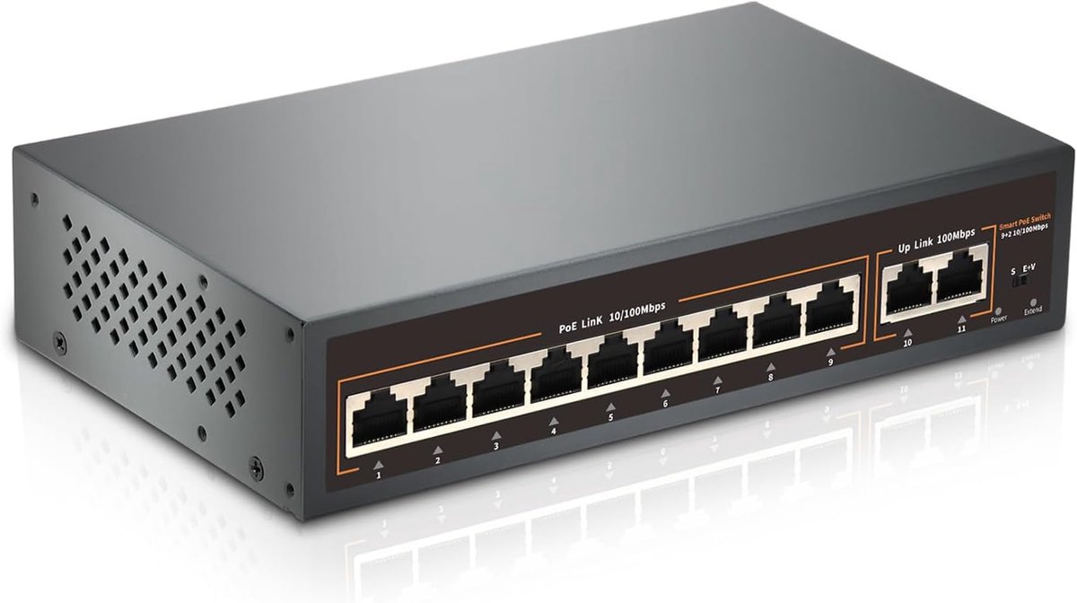 SnelShoppen - Poe Switch 9+2 PoE/PoE+ Ethernet Switch 100Mbps met 6KV Bliksembeveiliging, 11 Poorten, Snelle Netwerkverbinding voor Thuis en Kantoor